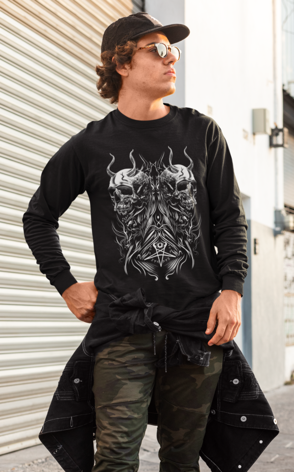 Evil Agnan Long Sleeve Tee showcasing intricate demonology-inspired design, blending American and Brazilian cultural elements in a unique style statement.