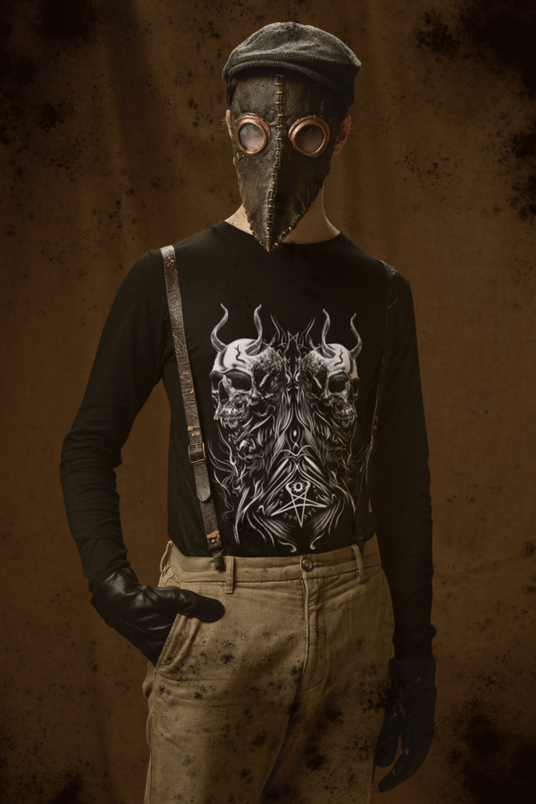 Evil Agnan Long Sleeve Tee showcasing intricate demonology-inspired design, blending American and Brazilian cultural elements in a unique style statement