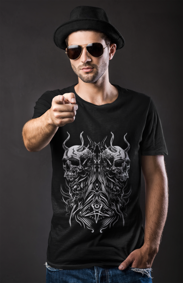 Evil Agnan T-shirt showcasing intricate demonology-inspired design, blending American and Brazilian cultural elements in a unique style statement.